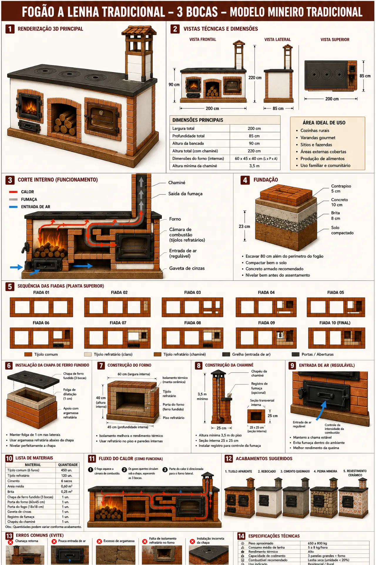 Projeto de fogão a lenha tradicional 3 bocas - modelo mineiro tradicional